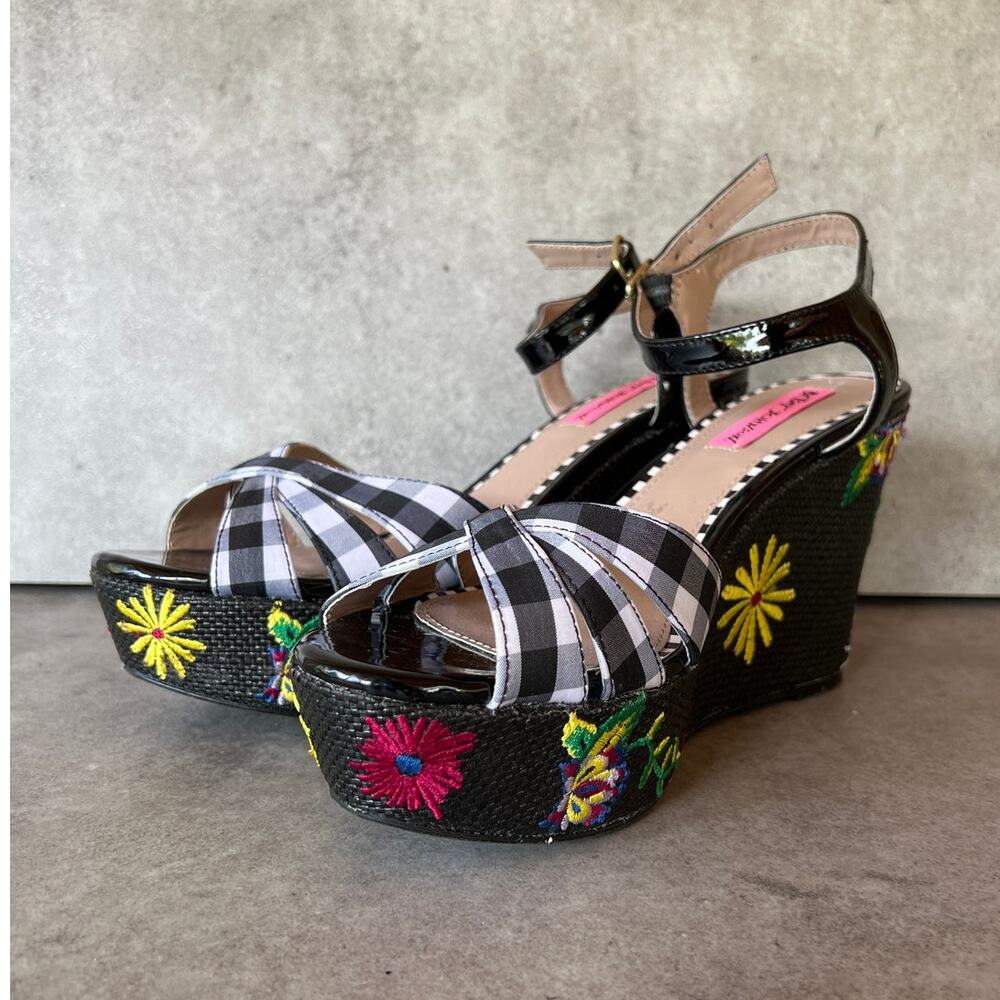 Betsey Johnson 'Traci' wedge platform sandals plaid gingham embroidered flowers
